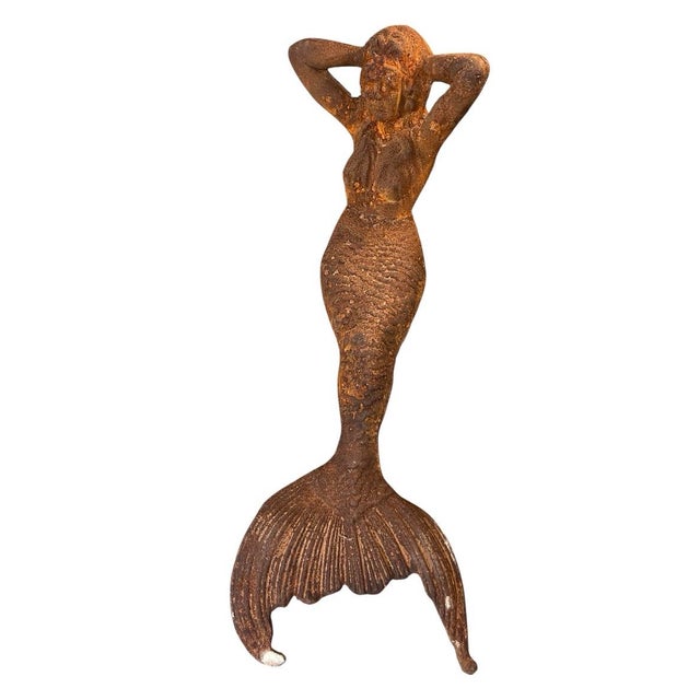 Coastal Antique Cast Iron Reclining Mermaid Garden Sculpture For Sale - Image 3 of 12