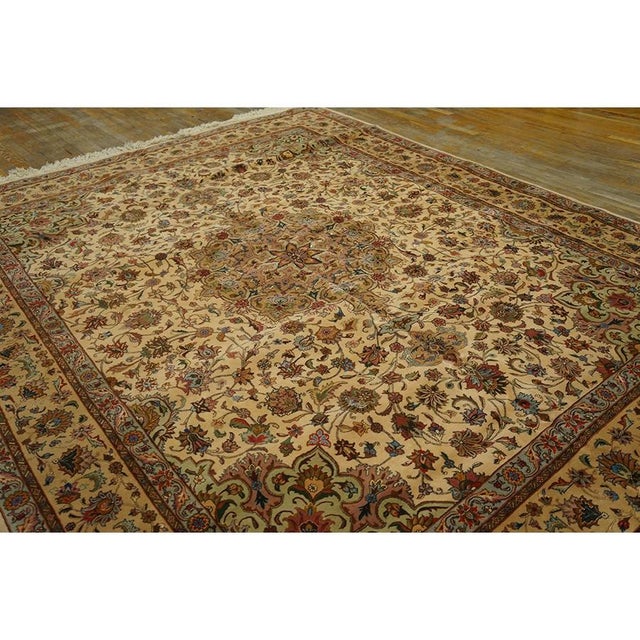 1940s Antique Beige Shah Abbas Floral Traditional Tabriz Knotted Wool Carpet Rug For Sale - Image 4 of 12