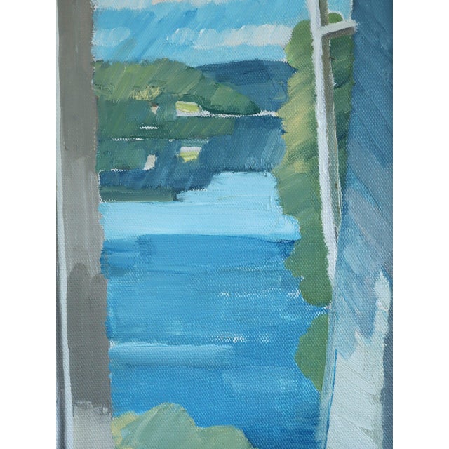 Blue 1988 Modernist 'View Across the Lake' Vintage Original Landscape Oil Painting, Framed For Sale - Image 8 of 11