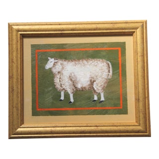Sheep Portrait Folk Art Minimalism Americana English Traditional White Green Beige Original Oil Painting by Cleo Plowden For Sale