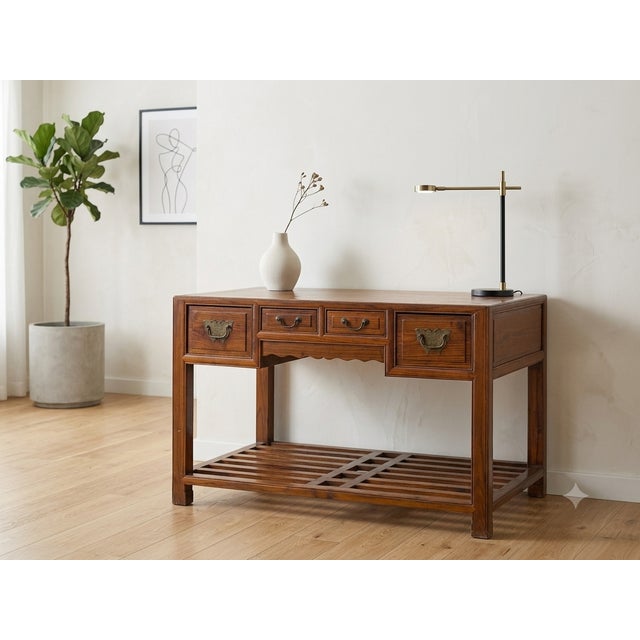 Vintage Brown Stain Patina Deep Rectangular Drawers Desk Table For Sale In San Francisco - Image 6 of 13
