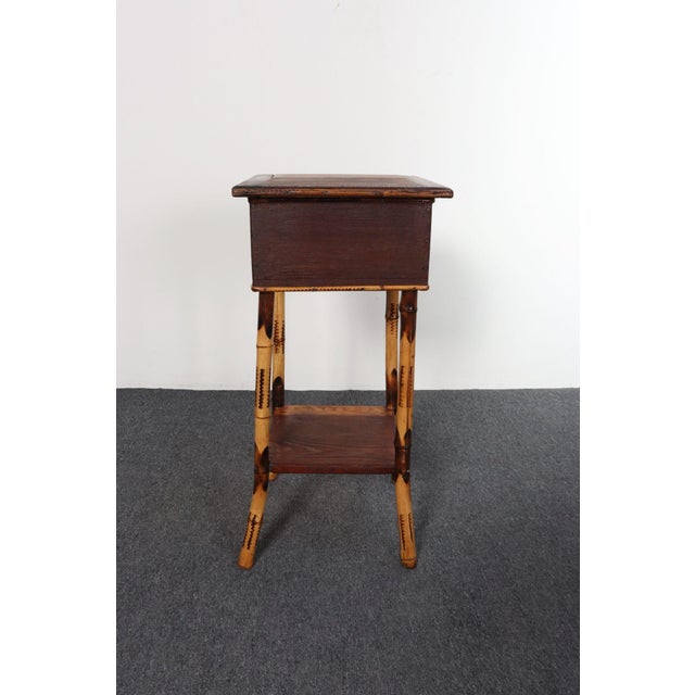 Traditional Antique Aesthestic Movement Stained Oak Sewing / Decorative Box on Bamboo Stand For Sale - Image 3 of 12