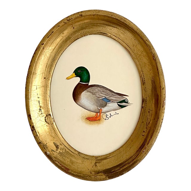 Original Hand-Painted Mallard Miniature Painting in an Italian Vintage Frame For Sale