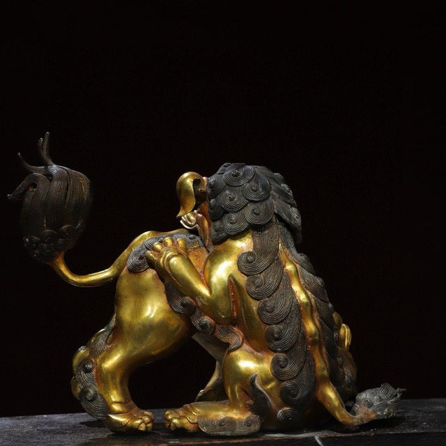 Traditional Gilt Bronze Guardian Lion Incense Burner – 9.5" Foo Dog Censer With Cub & Ball Motif For Sale - Image 3 of 9