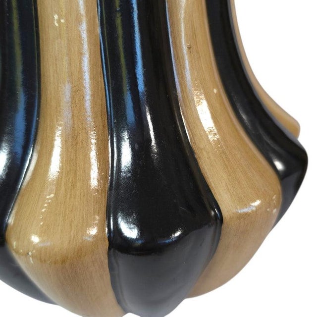 Art Deco Hollywood Regency Black & Tan Fluted Ceramic Vase Pair For Sale - Image 11 of 16