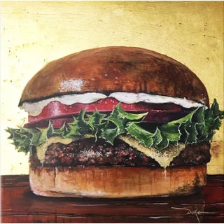 Contemporary Impressionist Still Life Acrylic Painting, "Cheese Burger, No Fries" For Sale