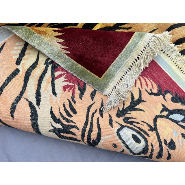 Golden Yellow Silk Tiger Design Pictorial Rug – Handmade Tribal Caucasian Rug For Sale - Image 9 of 11