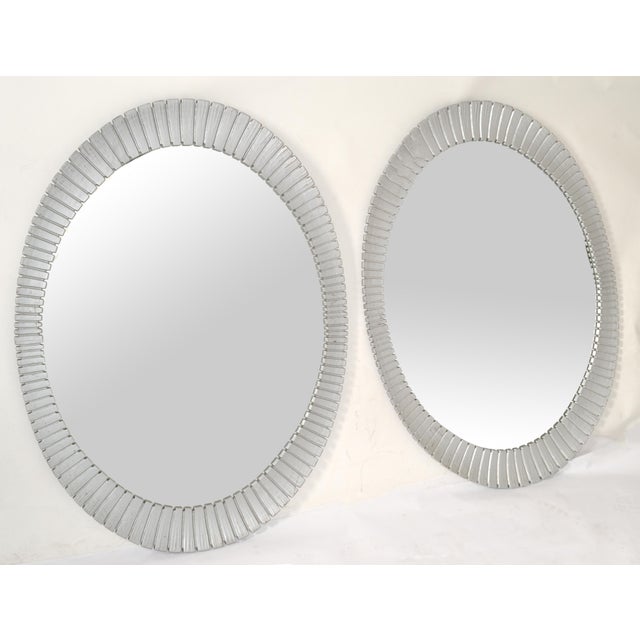 Chaty Vallauris 1980 Pair Decorative Oval Fluted Silver Sunburst Wall Mirrors Mid-Century Modern For Sale - Image 4 of 13
