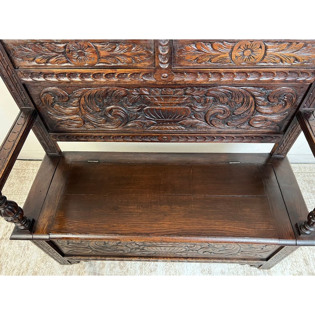 Coffee Antique French Normandy Carved Oak Bench Chest For Sale - Image 8 of 11