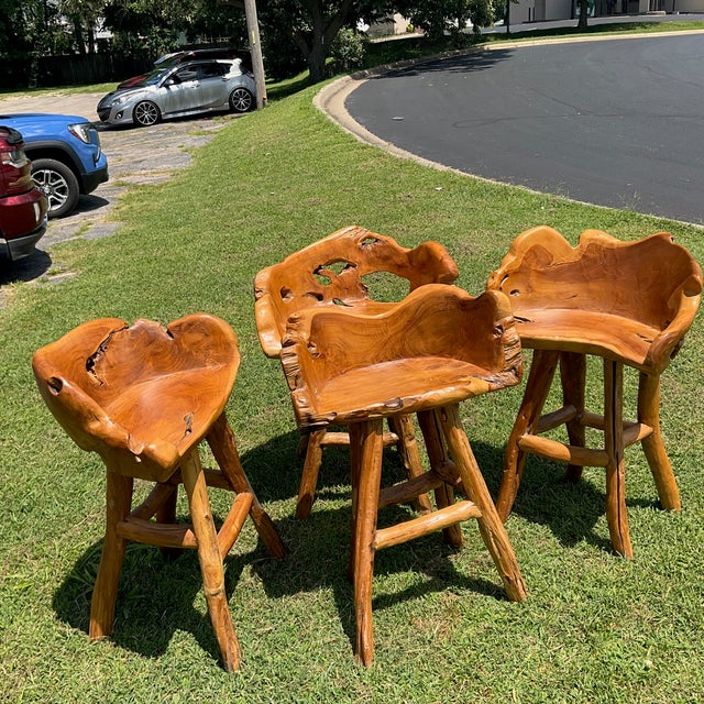 Brown Vintage Handcrafted Rustic Live Edge Log Dining Set With Four Sculpted Wood Chairs For Sale - Image 8 of 16