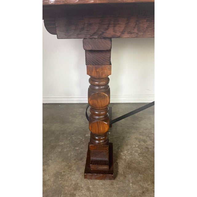 Monumental Spanish Revival Style Walnut Trestle Dining Table With Hand-Hewn Top For Sale In Los Angeles - Image 6 of 8