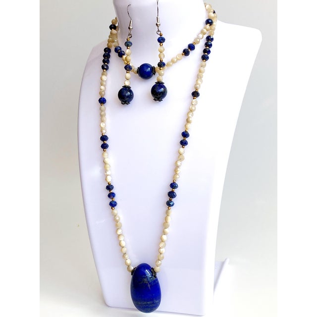 Artisan Lapis Lazuli & Mother of Pearl Sterling Silver Three Piece Jewelry Parure Set For Sale - Image 4 of 9