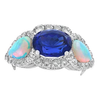 5 Carat Oval Tanzanite, Diamond and Opal Ring 14 Karat White Gold, Estate For Sale