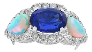 5 Carat Oval Tanzanite, Diamond and Opal Ring 14 Karat White Gold, Estate