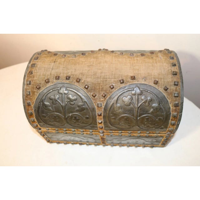 Rare Antique 1916 Handmade Tooled Tole Wood Velour Dome Top Box Trunk Casket For Sale - Image 4 of 12