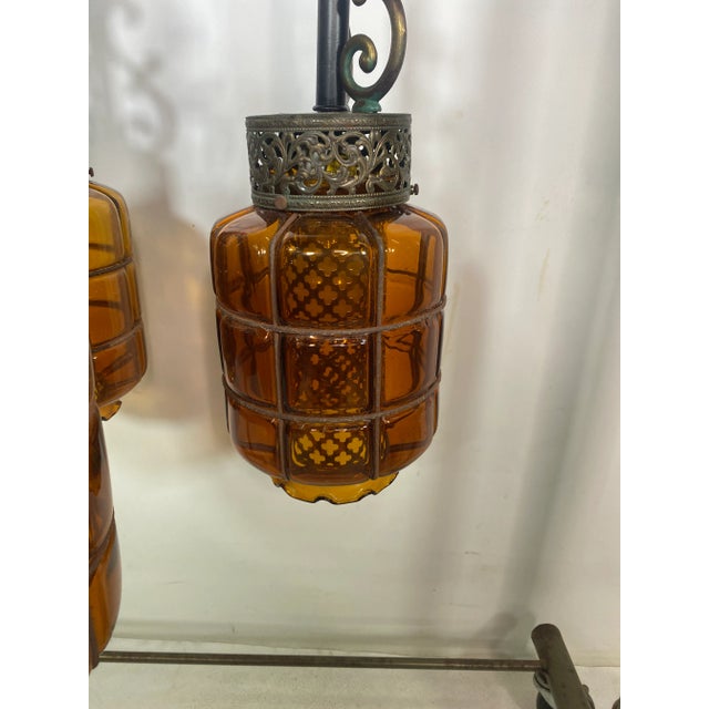Mid Century Spanish Gothic 3 Pendant Amber Swag Chandelier For Sale - Image 4 of 13