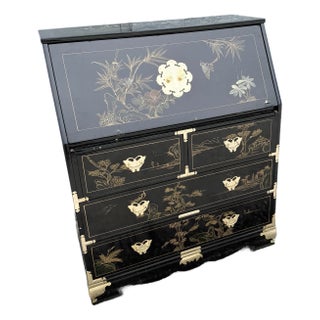 Chinese Black Lacquered and Hand-Painted Secretary Desk For Sale