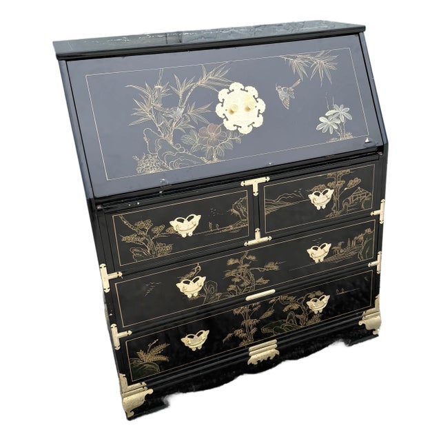 Chinese Black Lacquered and Hand-Painted Secretary Desk For Sale