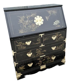 Chinese Black Lacquered and Hand-Painted Secretary Desk