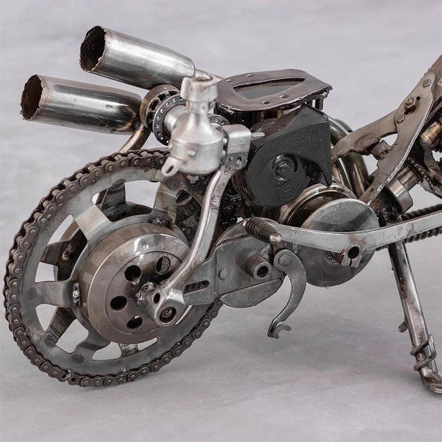Gray New Handcrafted Recycled Metal Motorbike Sculpture | 37" X 23" | One of a Kind For Sale - Image 8 of 10
