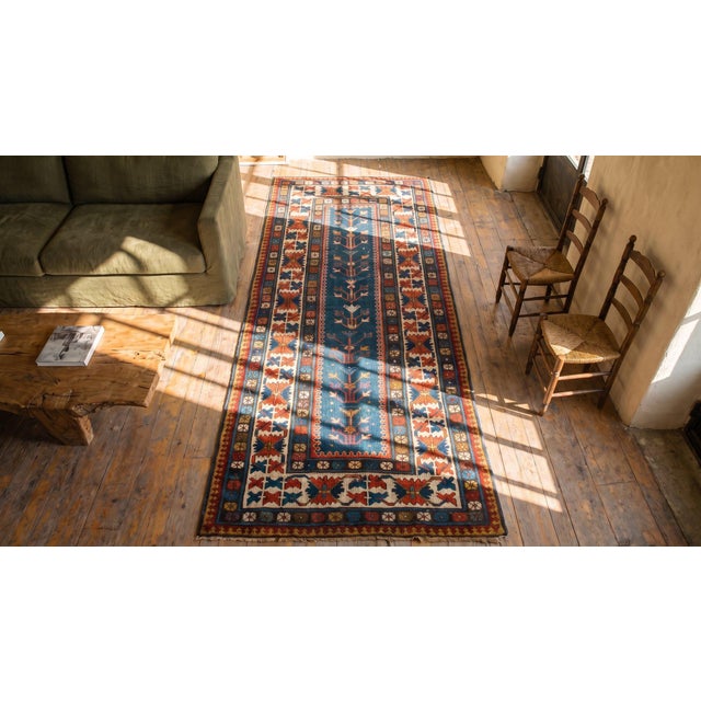 1880s Blue Navy Tribal Tree of Life Antique Caucasian Kazak Rug 3'7" X 8'2" Handknotted Wool Carpet For Sale - Image 9 of 9