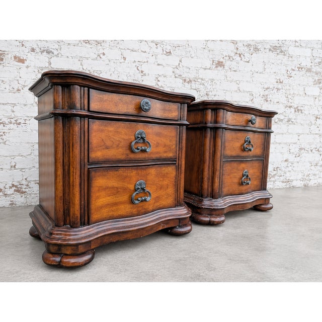 Traditional Pair of Vintage Pulaski Solid Wood 3 Drawer King Sized Nightstands/Chests With Elegant E Wood Finish For Sale - Image 3 of 9