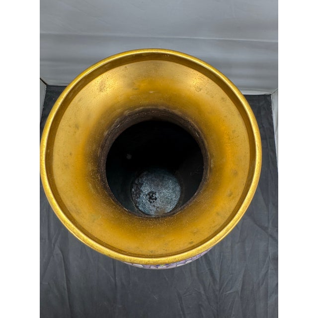 Large 20" Chinese Cloisonne Enamel Vase Cobalt Blue Birds Cherry Blossom Vintage For Sale In New York - Image 6 of 12