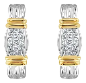 Princess Cut Ribbon Style Earrings 14k Two-Toned Gold, 2 Pieces