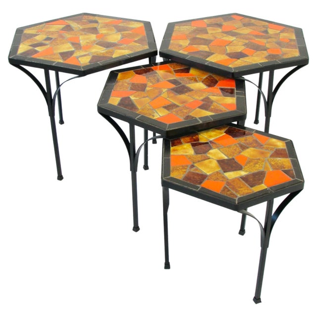 Mid 20th Century Jon Matin Iron Base & Tile Shard Hexagon Top Stack Nest Tables - Set of 4 For Sale - Image 13 of 13