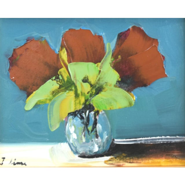 Abstract Red Bouquet of Flowers Oil Painting Including the Antiqued Gold Wood Frame For Sale - Image 3 of 5