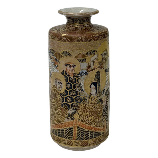 4.75"Asian Satsuma Style Cylindrical Figures Painted Porcelain Art Vase For Sale