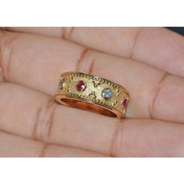 Red Gorgeous Natural Diamond Ruby 18K Solid Gold Byzantine Beaded Greek Ring Stacking Band, size 5.75 For Sale - Image 8 of 10