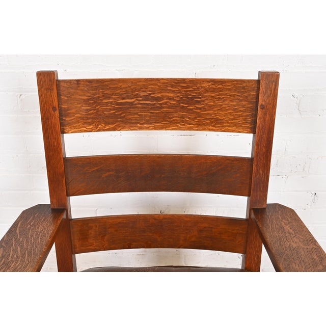 Wood Stickley Brothers Antique Mission Oak Arts & Crafts Lounge Chairs, Pair For Sale - Image 7 of 12