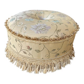 Late 20th Century Round Floral Ottoman With Fringe For Sale