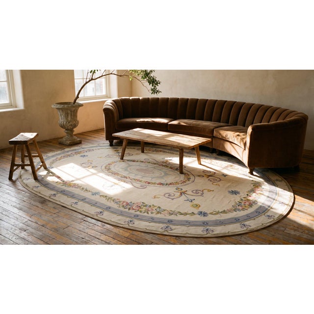 Exquisite Border Floral With White-Cream Background Color Oval French Neo Classical Aubusson Rug For Sale - Image 12 of 14