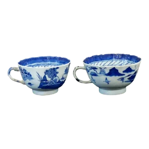 Antique Blue & White Canton Pagoda Pattern Tea Cups- Set of 2