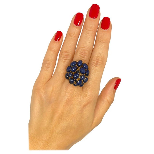 Bochic "Orient" Vintage Blue Sapphire Vintage Cluster Ring Set 18K Gold & Silver For Sale - Image 9 of 18