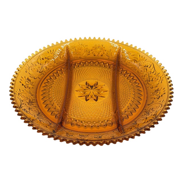 1950s Indiana Sandwich Glass Tiara Amber 3-Part Serving Platter Sawtooth Rim 12" Plate For Sale