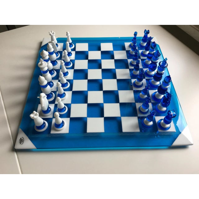Glass Vintage Scacchiera in Vetro DI Murano White & Blue Glass Chess Board For Sale - Image 7 of 8