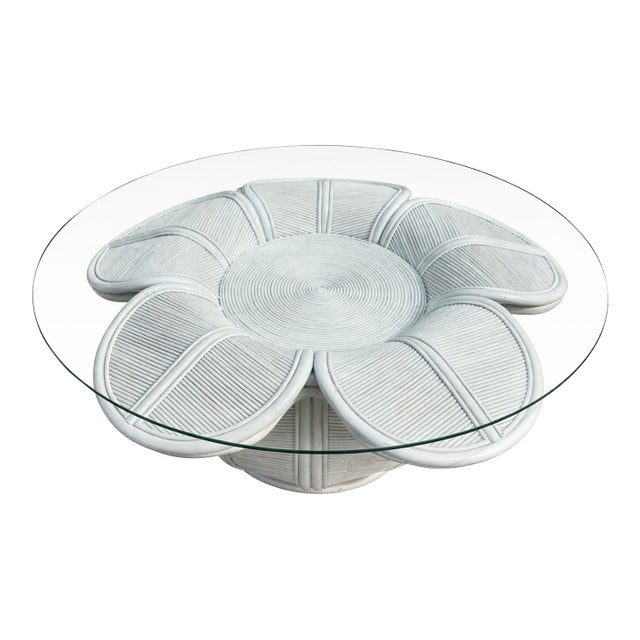 Pencil Reed Rattan "Bell Flower" Coffee Table With a Glass Top For Sale