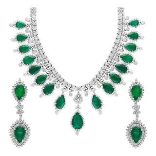 Gia Certified 73ct Zambian Emerald & 22ct Diamond Necklace Earring Bridal Suite For Sale