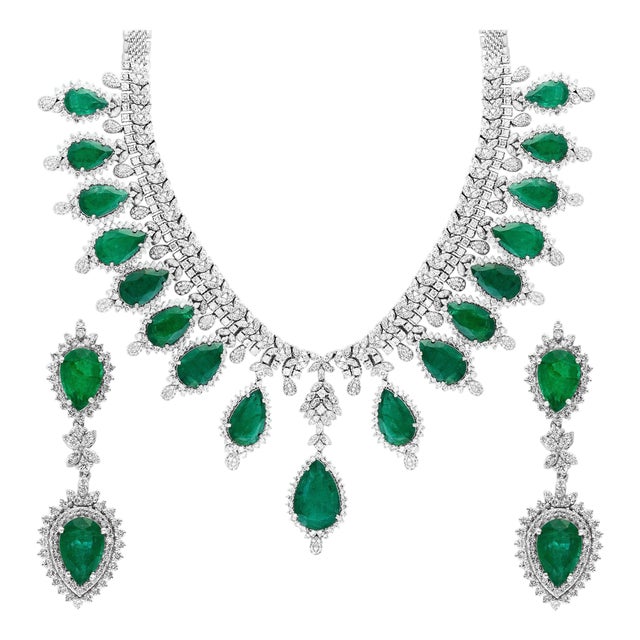 Gia Certified 73ct Zambian Emerald & 22ct Diamond Necklace Earring Bridal Suite For Sale