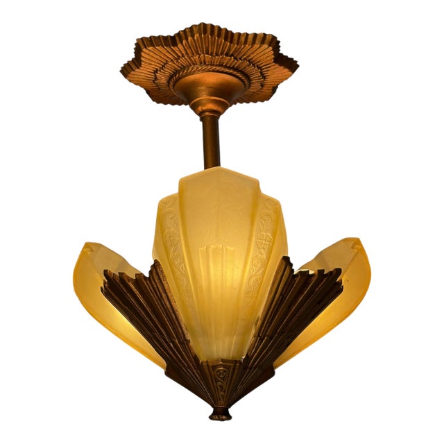1930s Virden “Rayburn” Short Ceiling 3 Light Slip Shade Chandelier With Amber Glass Shades #2608 For Sale