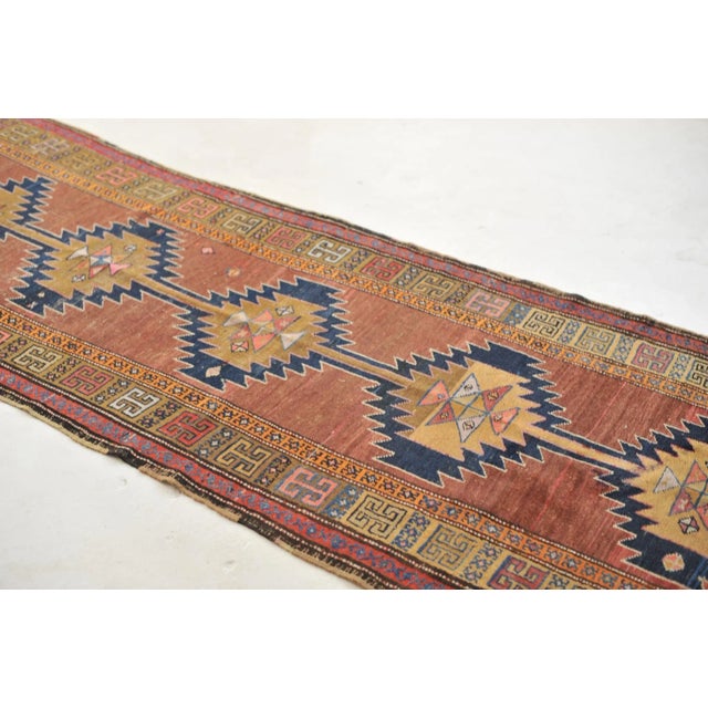 Red Geometric Runner in Clays, Saffron & Deep Indigo 3.7 x 11 For Sale - Image 8 of 13