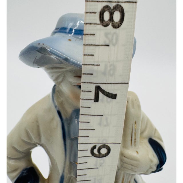 Ceramic Vintage 8" Blue and White Porclain Musician Figurines With Gold Trim For Sale - Image 7 of 15
