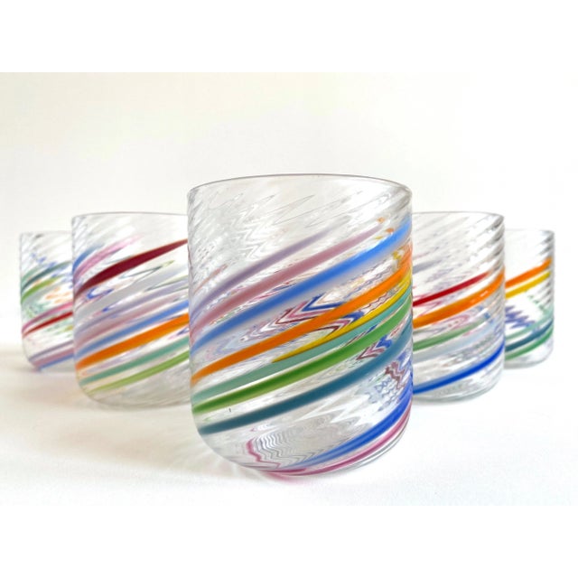 Glass Vintage 1980s Post Modern Hand Blown Studio Art Glass Multicolor Abstract Swirl Glasses - Set of 6 For Sale - Image 7 of 13