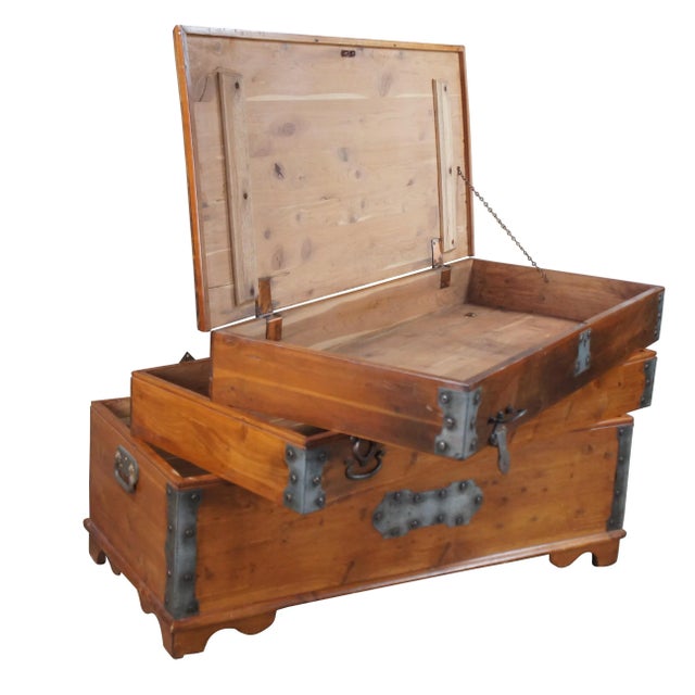 Victorian American Pine Campaign Style Banded Stacking Swivel Top Blanket Chest Storage Trunk For Sale - Image 3 of 12