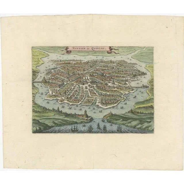 This is an exquisite antique bird's-eye view map of Hangzhou, historically referred to as "Xuntien or Quinzay," from the...