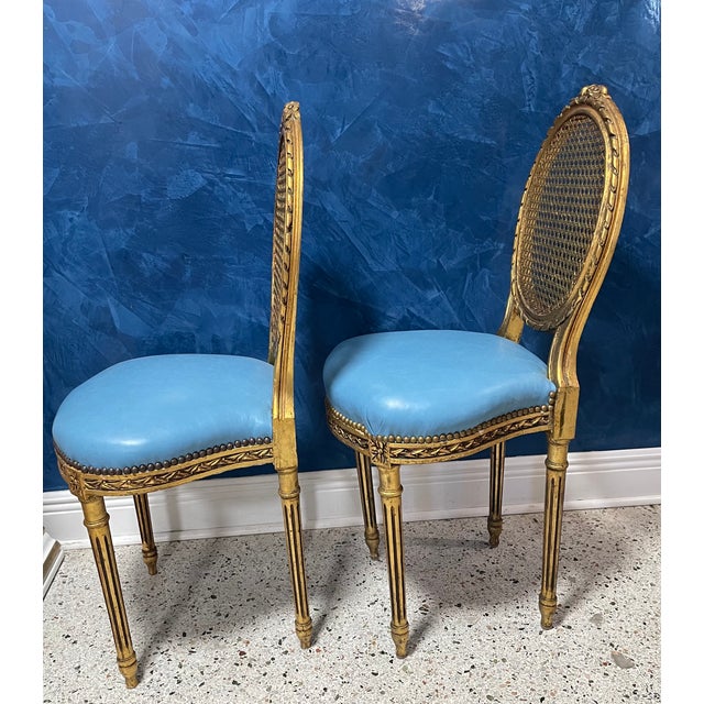 Mid 18th Century French Louis XVI Giltwood Chairs With Italian Blue Leather & Cane Backs — Pair For Sale - Image 4 of 11