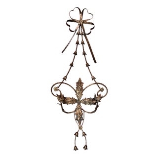 Vintage Large Gilt Tole French Neoclassical Bow & Ribbon Bellflower Swag Double Candle Sconce / Holder For Sale